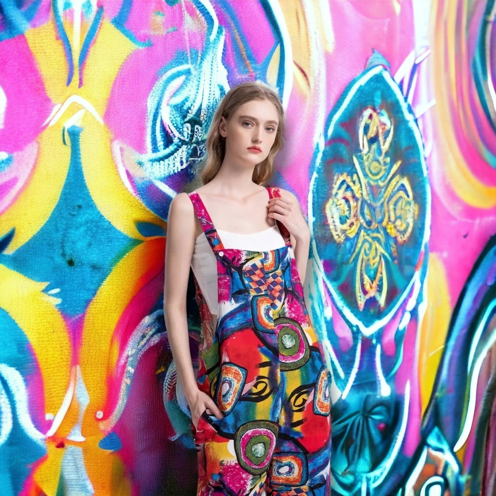 Psychedelic Colorful Graphic Print Cotton Overalls - L